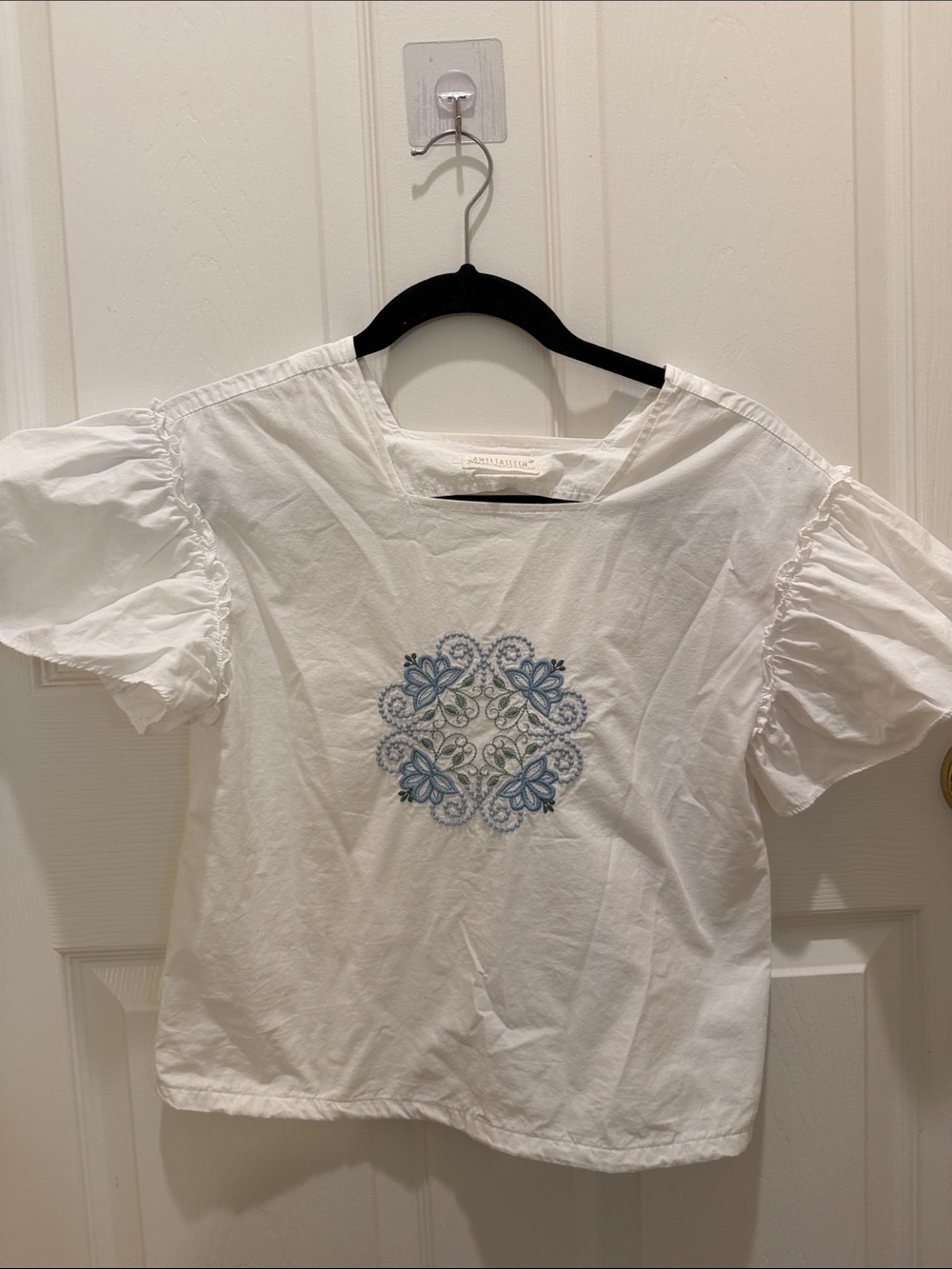 White Puff Sleeve Cotton Top with Blue Embroidery